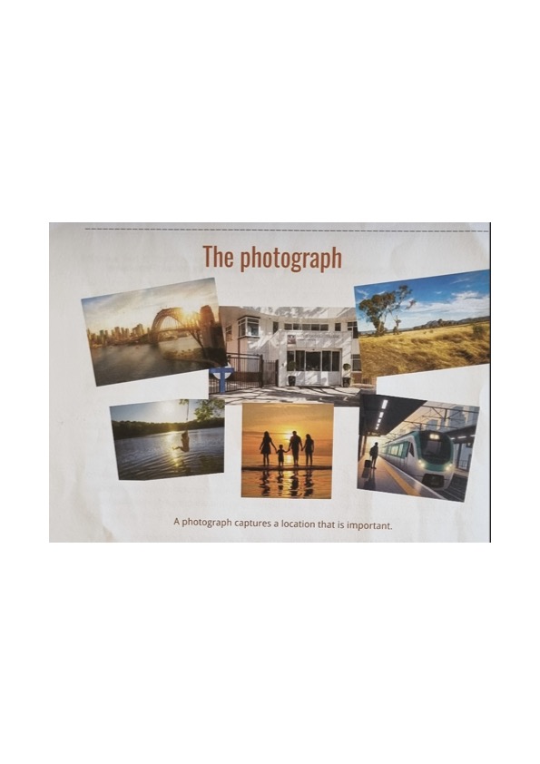 Six photographs showing different locations: Sydney Harbour Bridge, a school entrance, the Australian outback, a rope swing over a lake, a family on a beach at sunset, and a train platform.